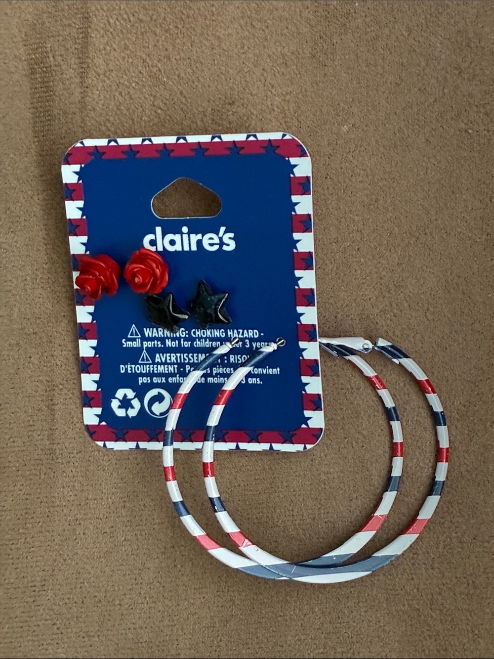 Claire's Red Rose & Blue Star Studs with Red, White & Blue Striped Hoops